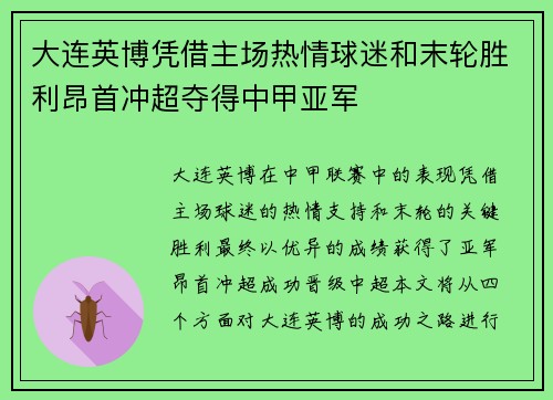 大连英博凭借主场热情球迷和末轮胜利昂首冲超夺得中甲亚军